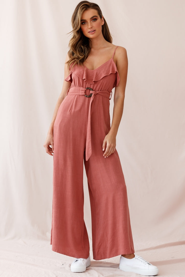 Mason Ruffle Neckline Wooden Buckle Belt Jumpsuit Rose by Selfie Leslie