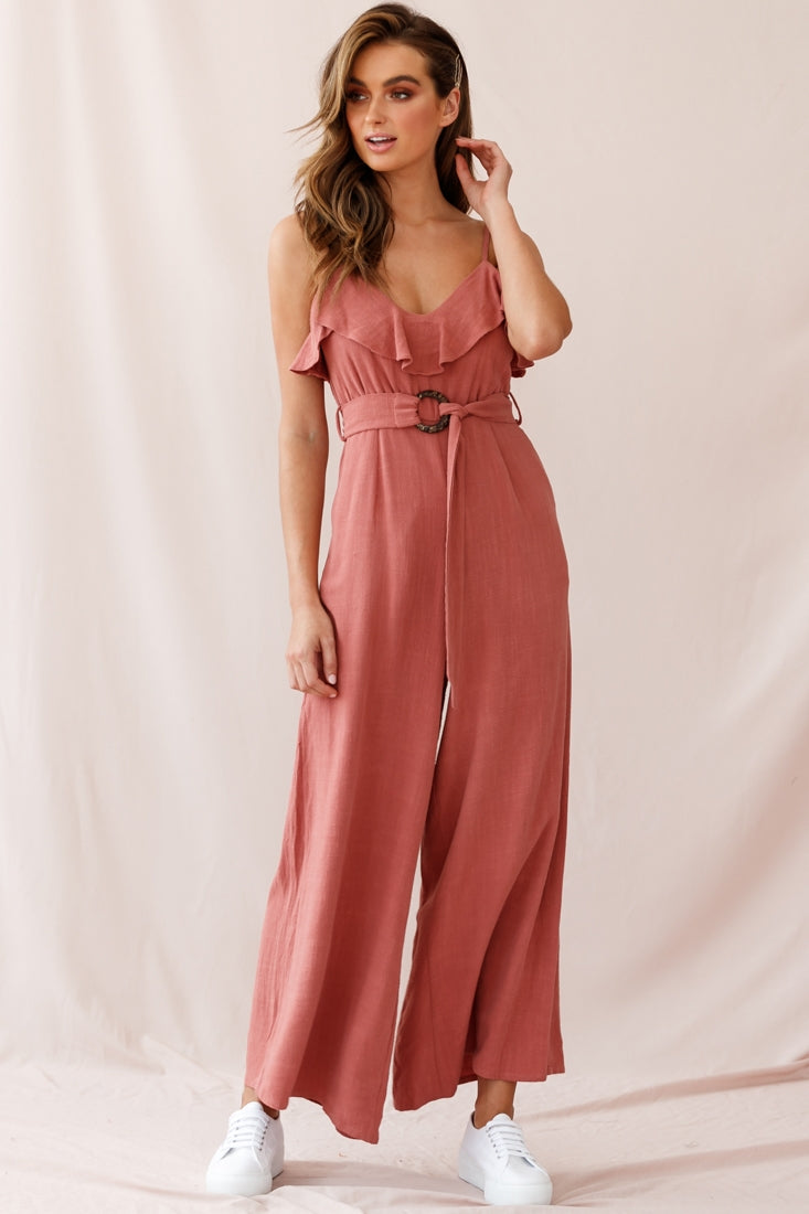 Mason Ruffle Neckline Wooden Buckle Belt Jumpsuit Rose by Selfie Leslie
