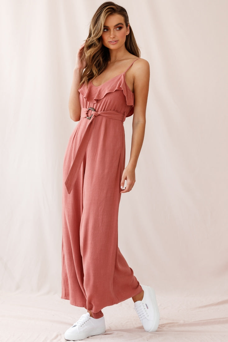 Mason Ruffle Neckline Wooden Buckle Belt Jumpsuit Rose by Selfie Leslie