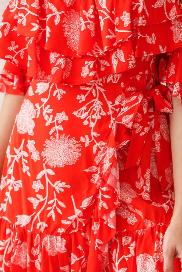 Audrina Off-Shoulder Wrap Dress Floral Print Red by Selfie Leslie