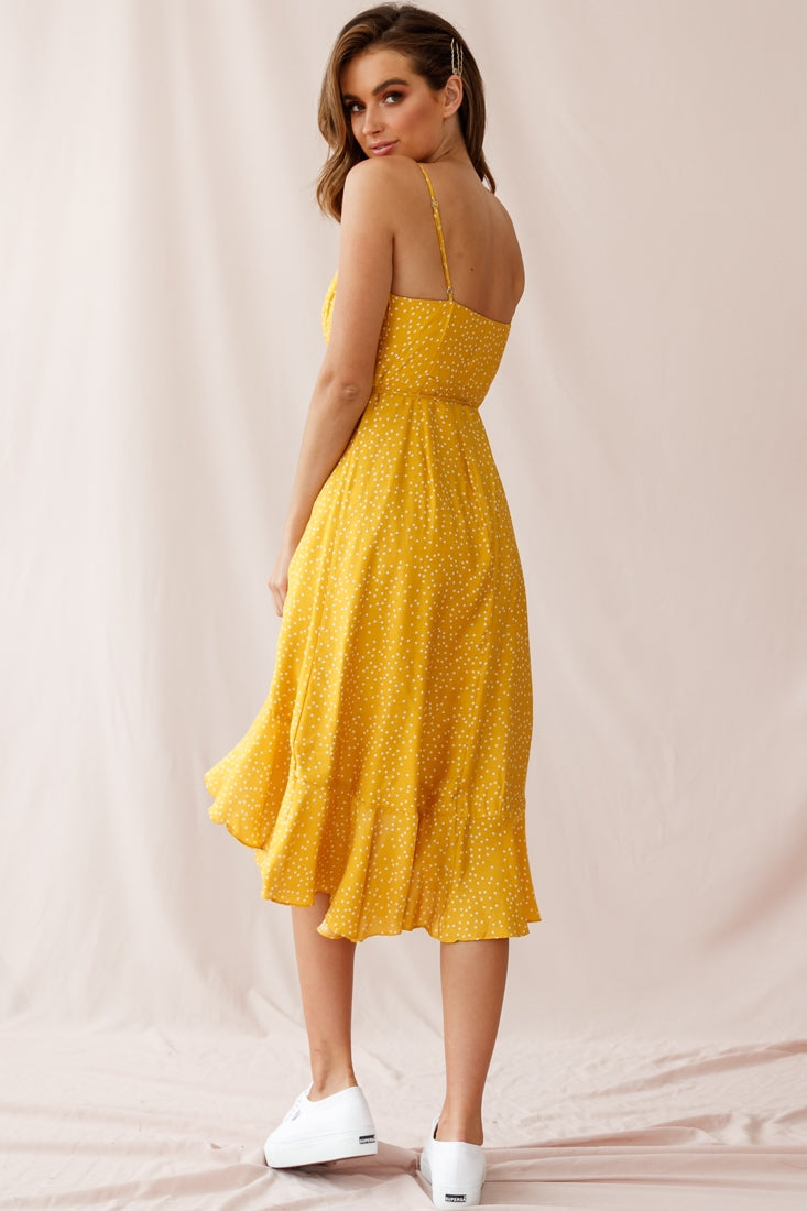 Blessed Wrap Ruffle Hem Midi Dress Dot Print Mustard by Selfie Leslie