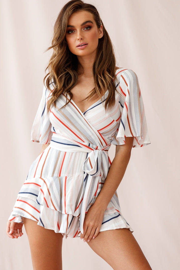 Davina Angel Sleeve Cut-Out Back Romper Multi Stripe Print by Selfie Leslie