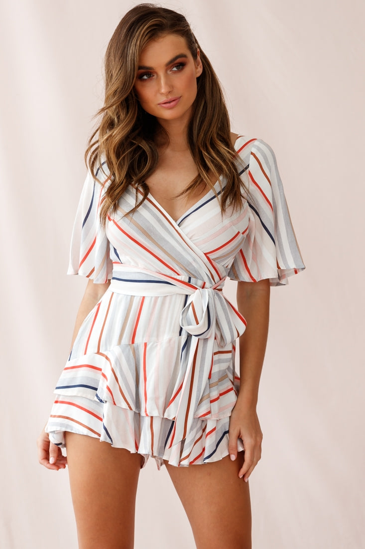 Davina Angel Sleeve Cut-Out Back Romper Multi Stripe Print by Selfie Leslie
