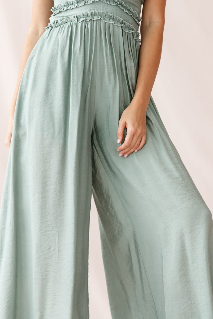 Laney Wide Leg Ruffle Detail Jumpsuit Olive by Selfie Leslie