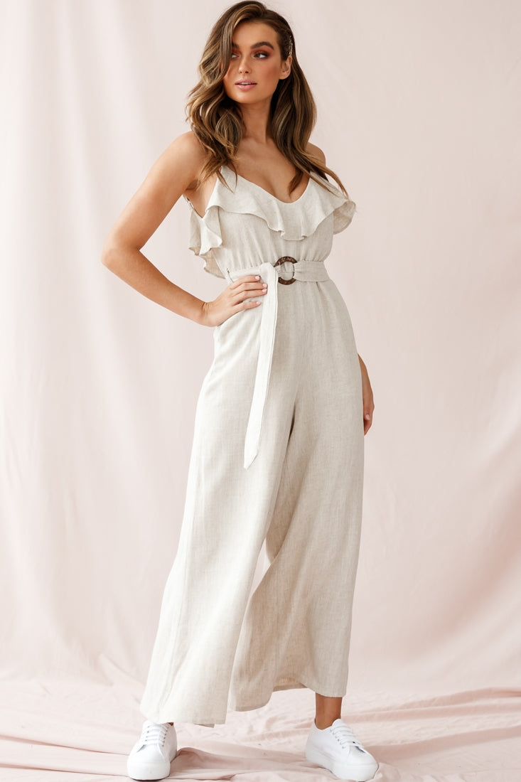 Mason Ruffle Neckline Wooden Buckle Belt Jumpsuit Natural by Selfie Leslie