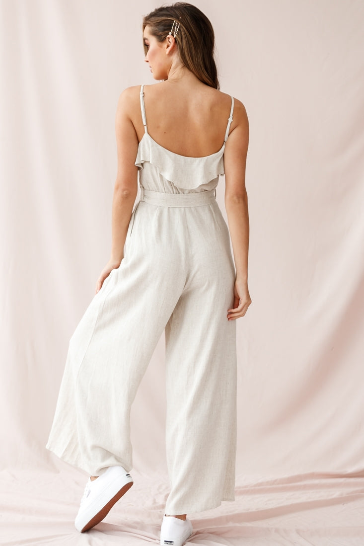 Mason Ruffle Neckline Wooden Buckle Belt Jumpsuit Natural by Selfie Leslie