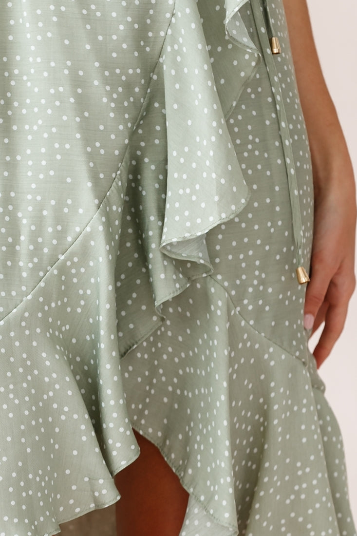Blessed Wrap Ruffle Hem Midi Dress Dot Print Olive by Selfie Leslie