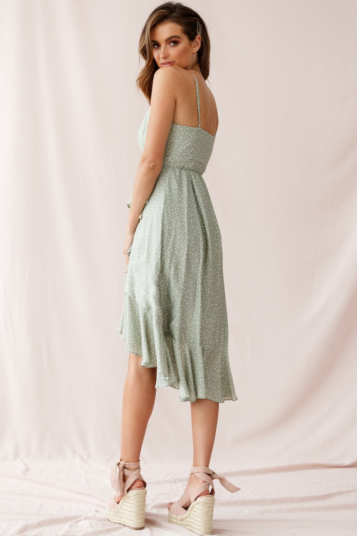 Blessed Wrap Ruffle Hem Midi Dress Dot Print Olive by Selfie Leslie