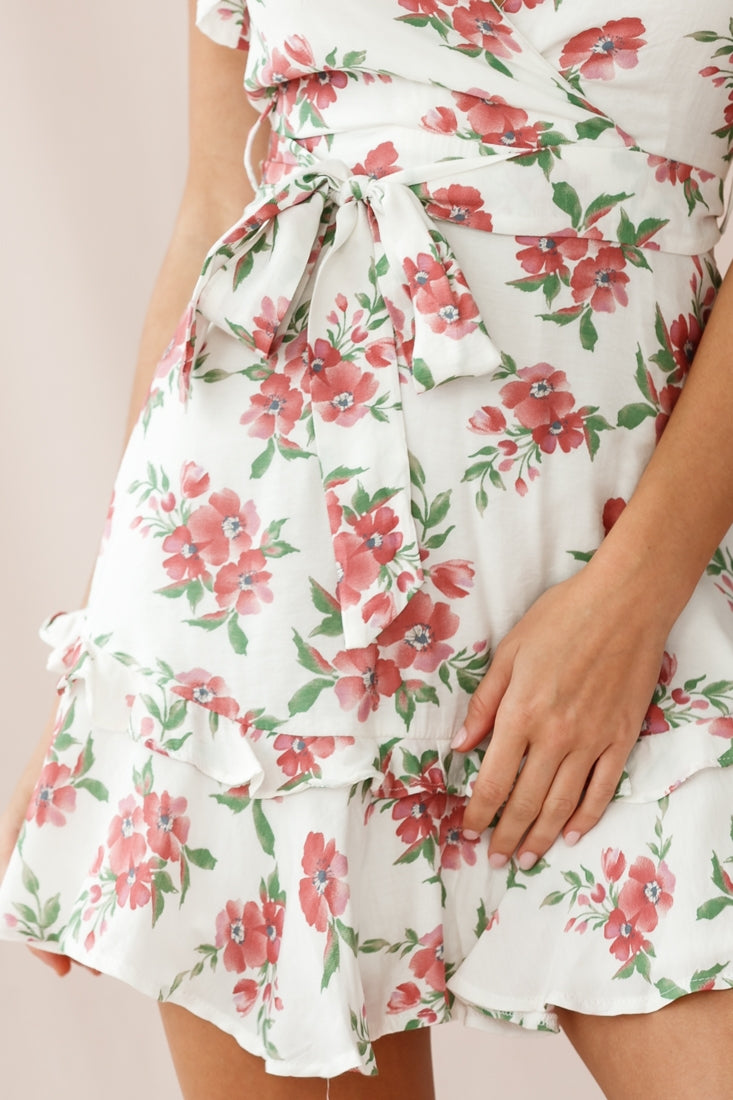 Love Letter Ruffle Sleeve Waist Tie Dress Floral Print White by Selfie Leslie