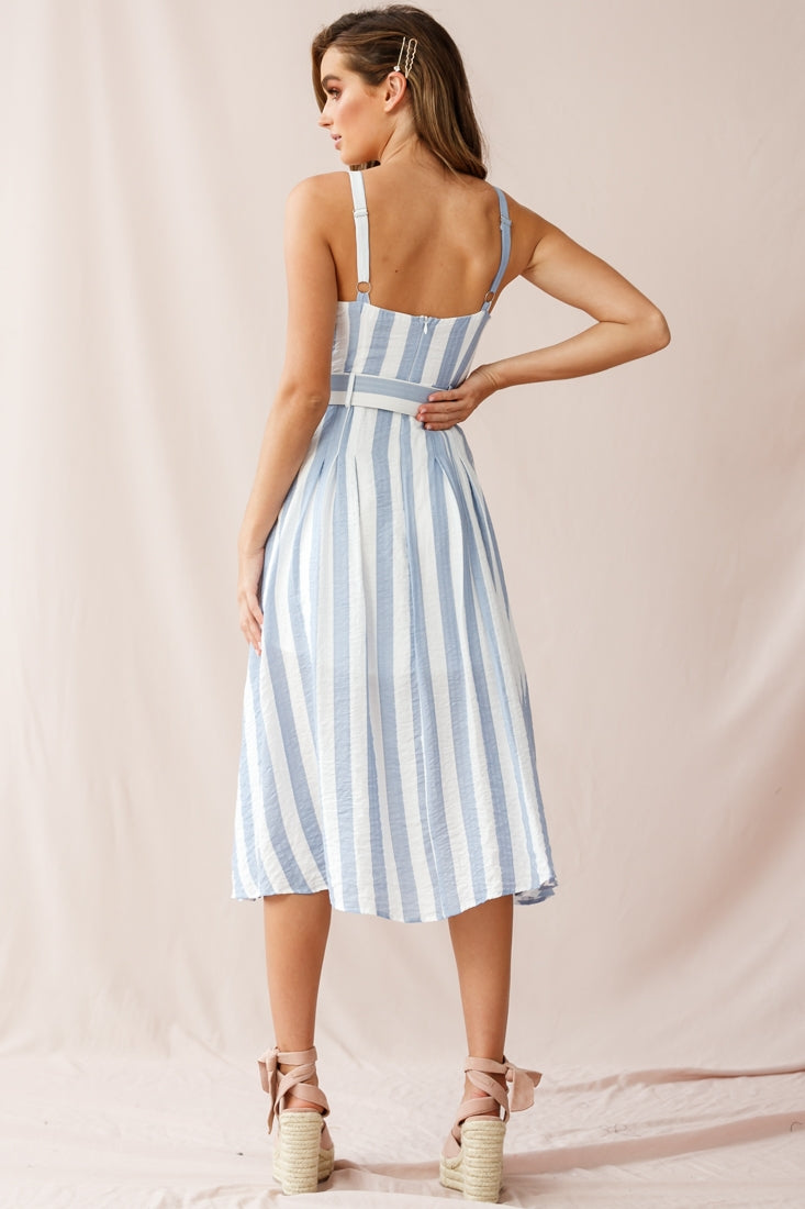 Crystal Tied Knot Belt Midi Dress Stripe Print Blue by Selfie Leslie