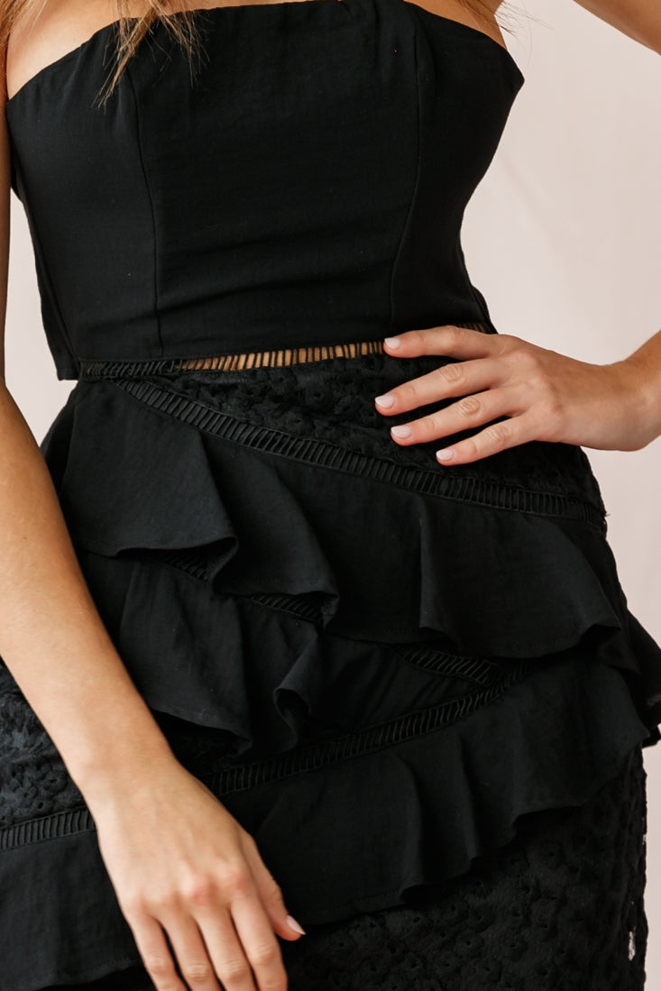 Aramis Strapless Lace & Ruffle Detail Dress Black by Selfie Leslie