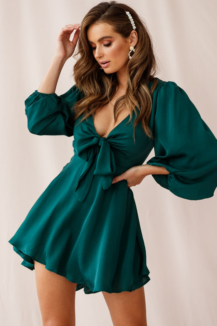 Madison Bow Tie Bust Balloon Sleeve Dress Forest Green by Selfie Leslie