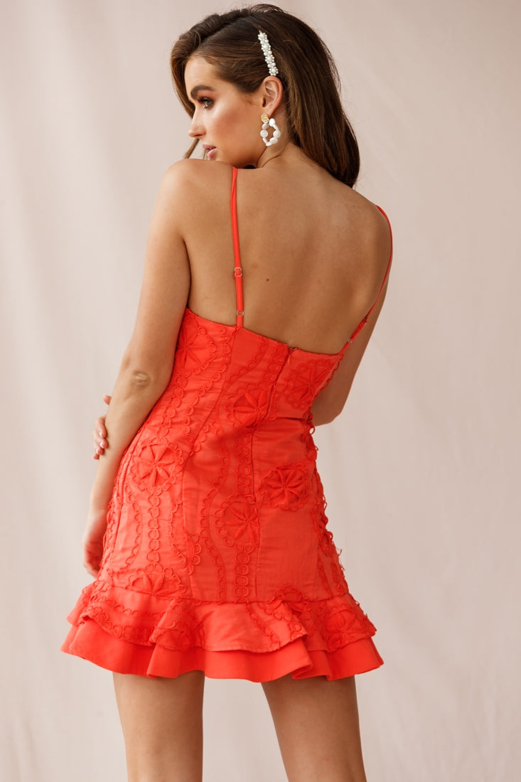 Virtue Cami Strap Embroidered Flounce Hem Dress Tangerine by Selfie Leslie
