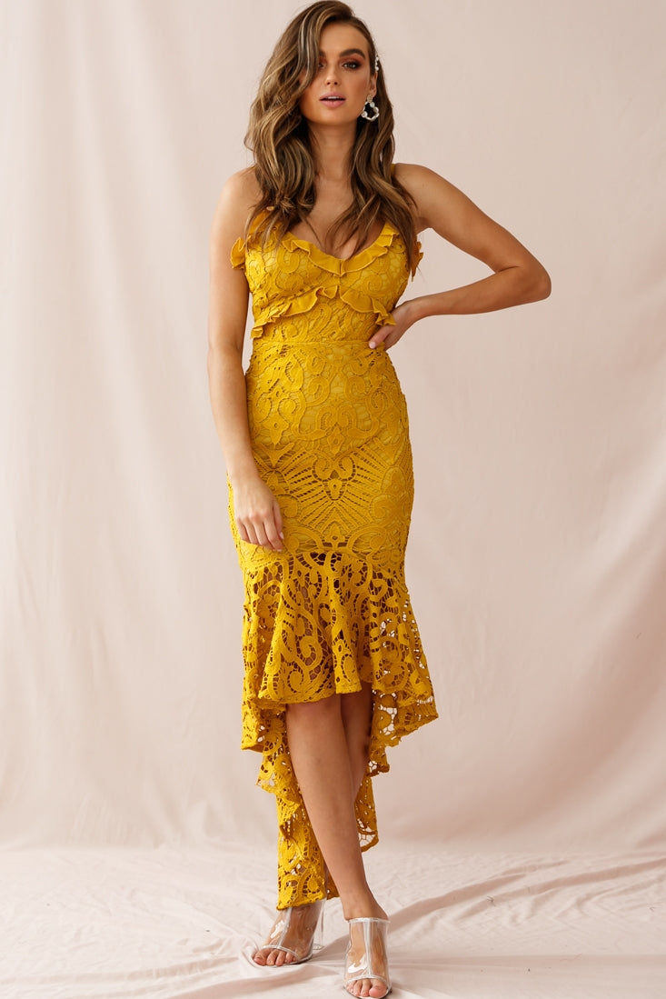 Shakeera High-Low Hem Lace Dress Mustard by Selfie Leslie