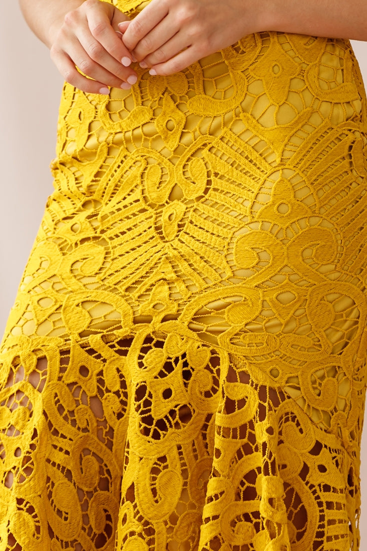 Shakeera High-Low Hem Lace Dress Mustard by Selfie Leslie
