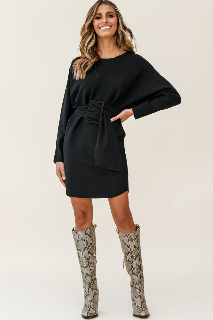 Lorelei Long Sleeve Wide Belt Knit Dress Black Selfie Leslie Lorelei Long Sleeve Wide Belt Knit Dress Black Selfie Leslie