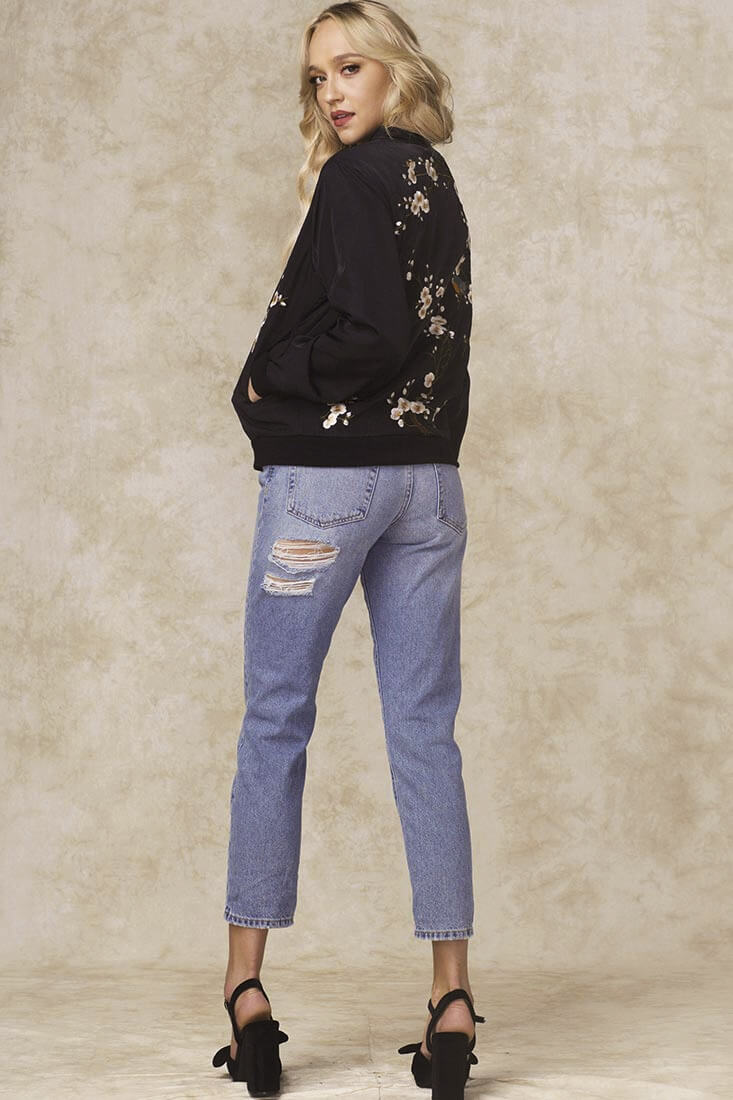 Robyn Embroidered Bomber Jacket Black by Selfie Leslie