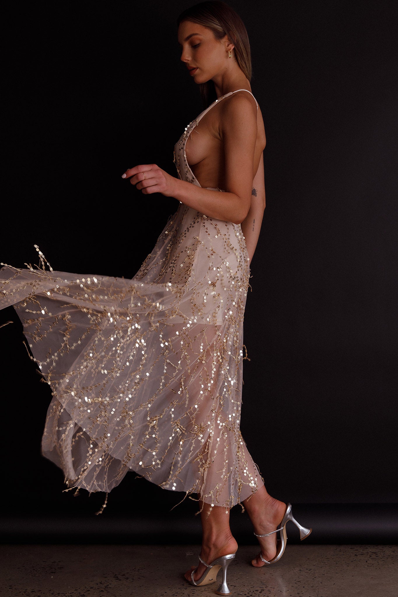 Ariana Sequin Midi Dress Beige by Selfie Leslie