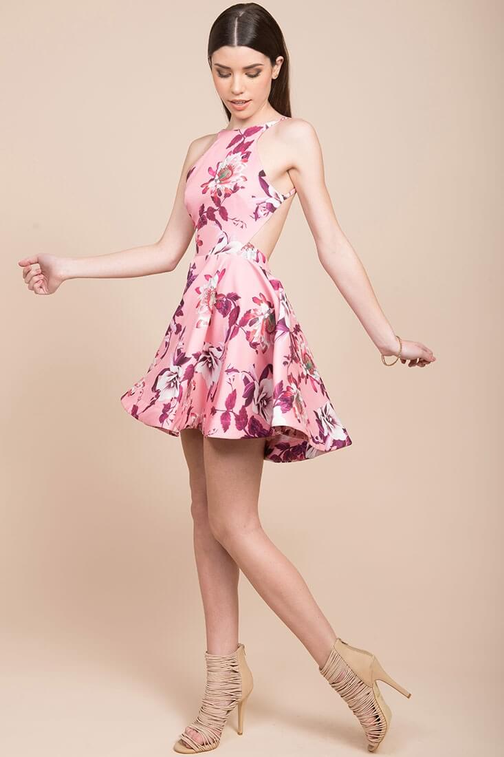 Stella Open Back Fit & Flare Floral Print Dress Pink by Selfie Leslie