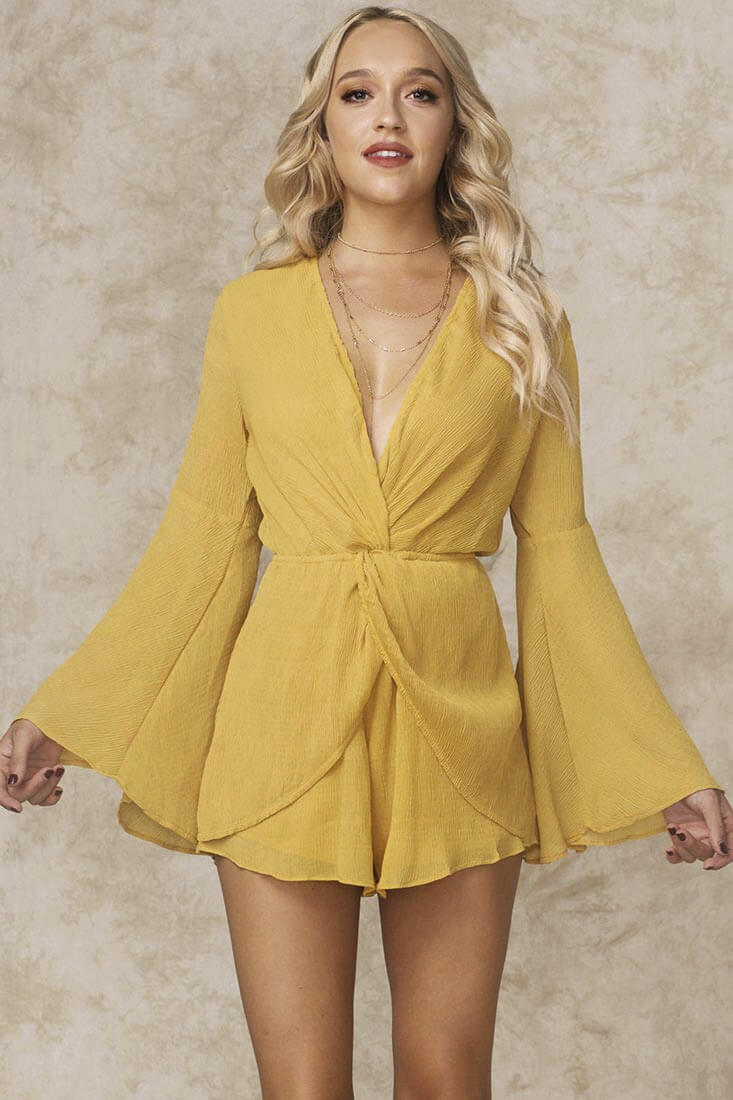 Yonce Deep V Bell Sleeve Romper Mustard by Selfie Leslie