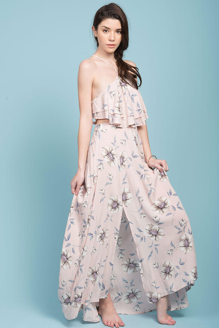 Sunday Cut Out Maxi Beach Dress Pink Floral by Selfie Leslie