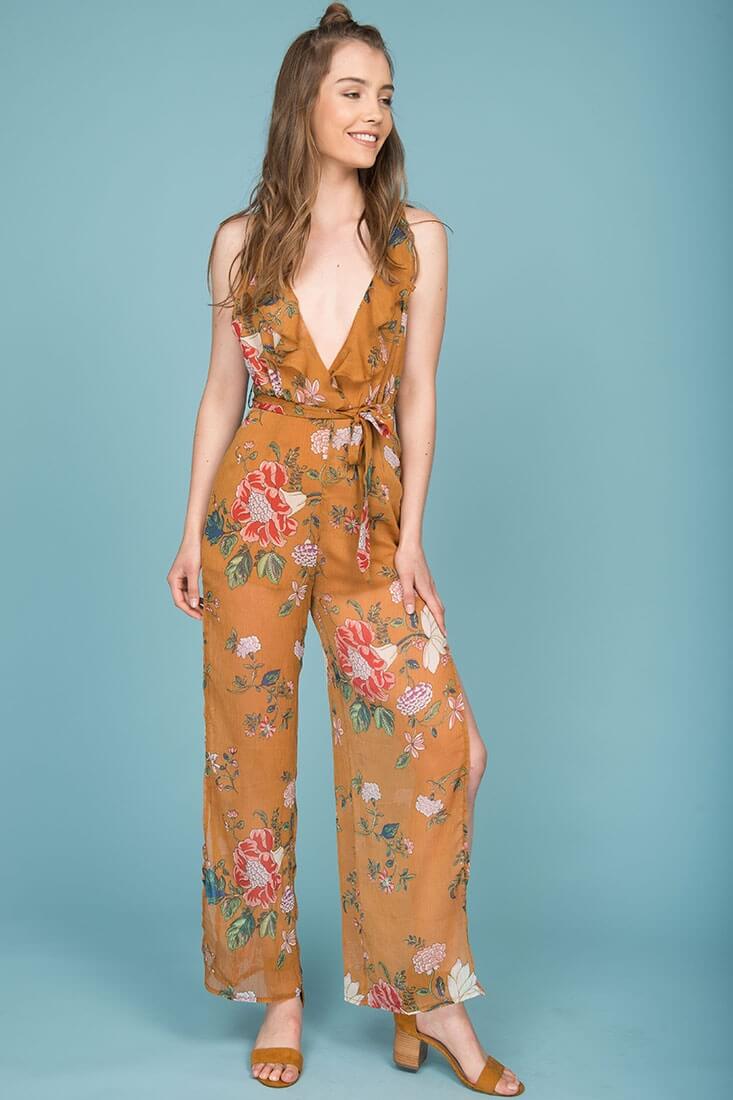 Danica Dressy Floral Jumpsuit Mustard by Selfie Leslie