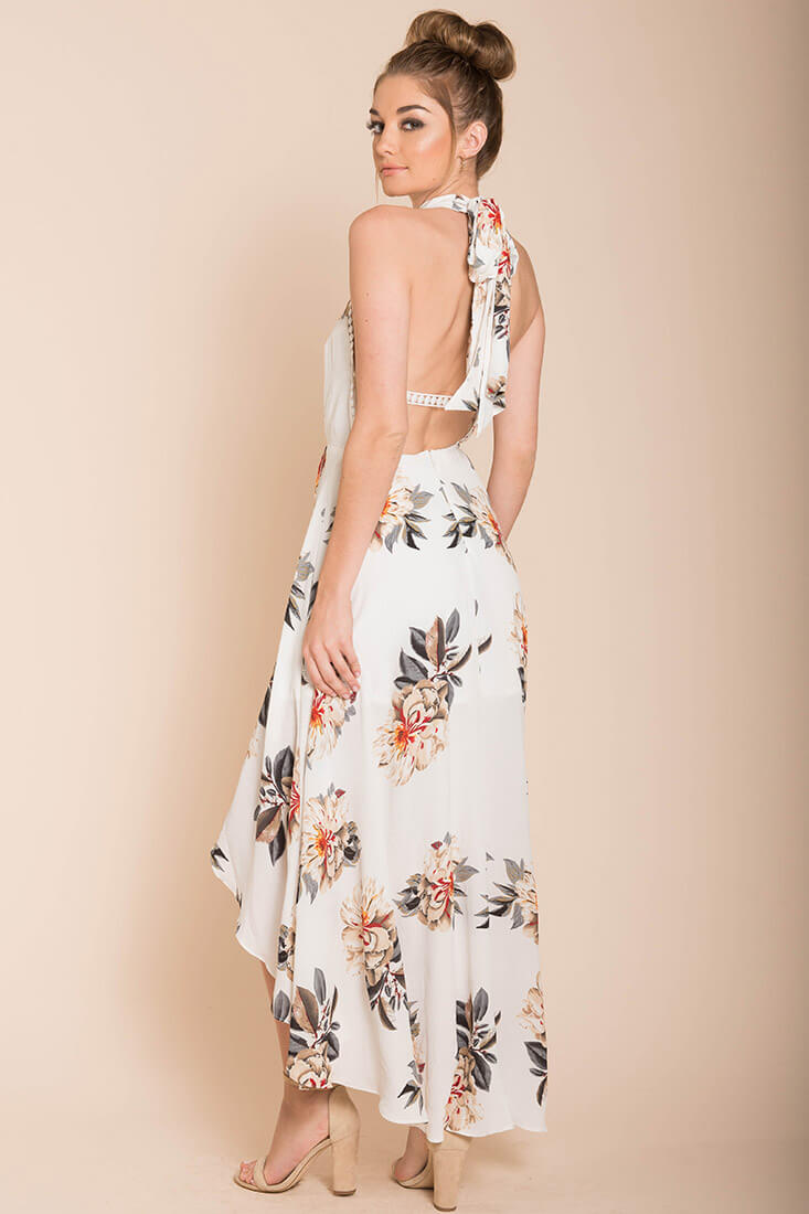 Natalee Floral High to Low Dress White by Selfie Leslie