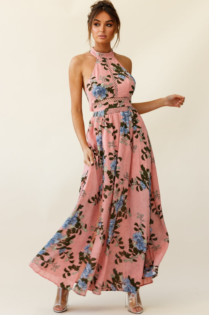 Baylor Floral Halterneck Maxi Dress Pink by Selfie Leslie