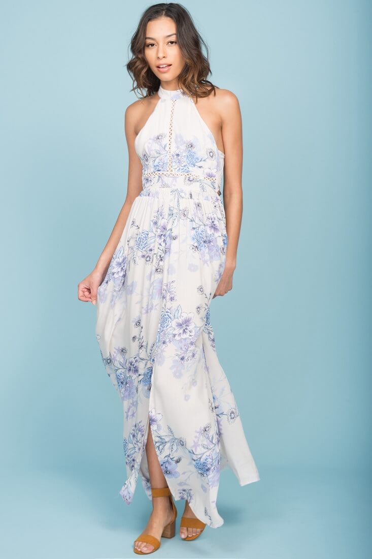 Baylor Floral Print Halter Maxi Dress Beige by Selfie Leslie