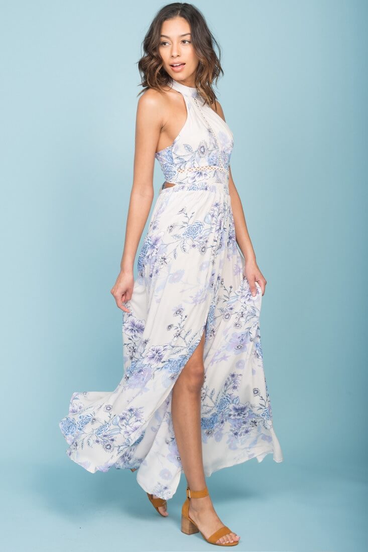 Baylor Floral Print Halter Maxi Dress Beige by Selfie Leslie