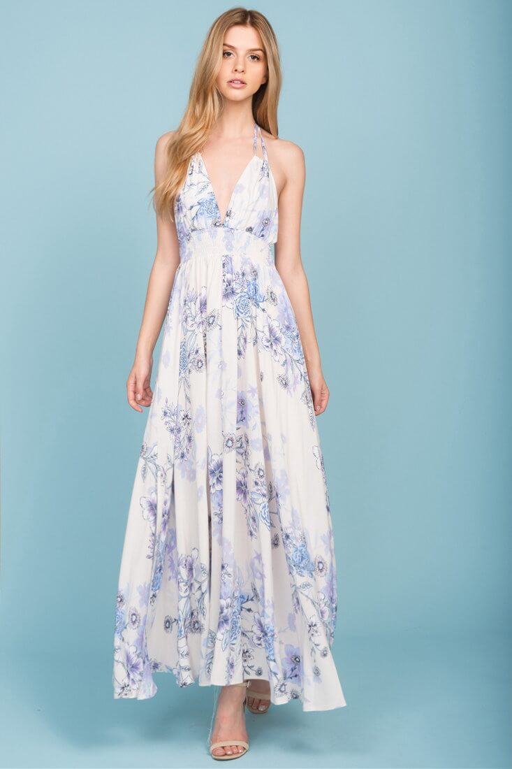 Baylor Floral Print Open Back Maxi Dress Beige by Selfie Leslie