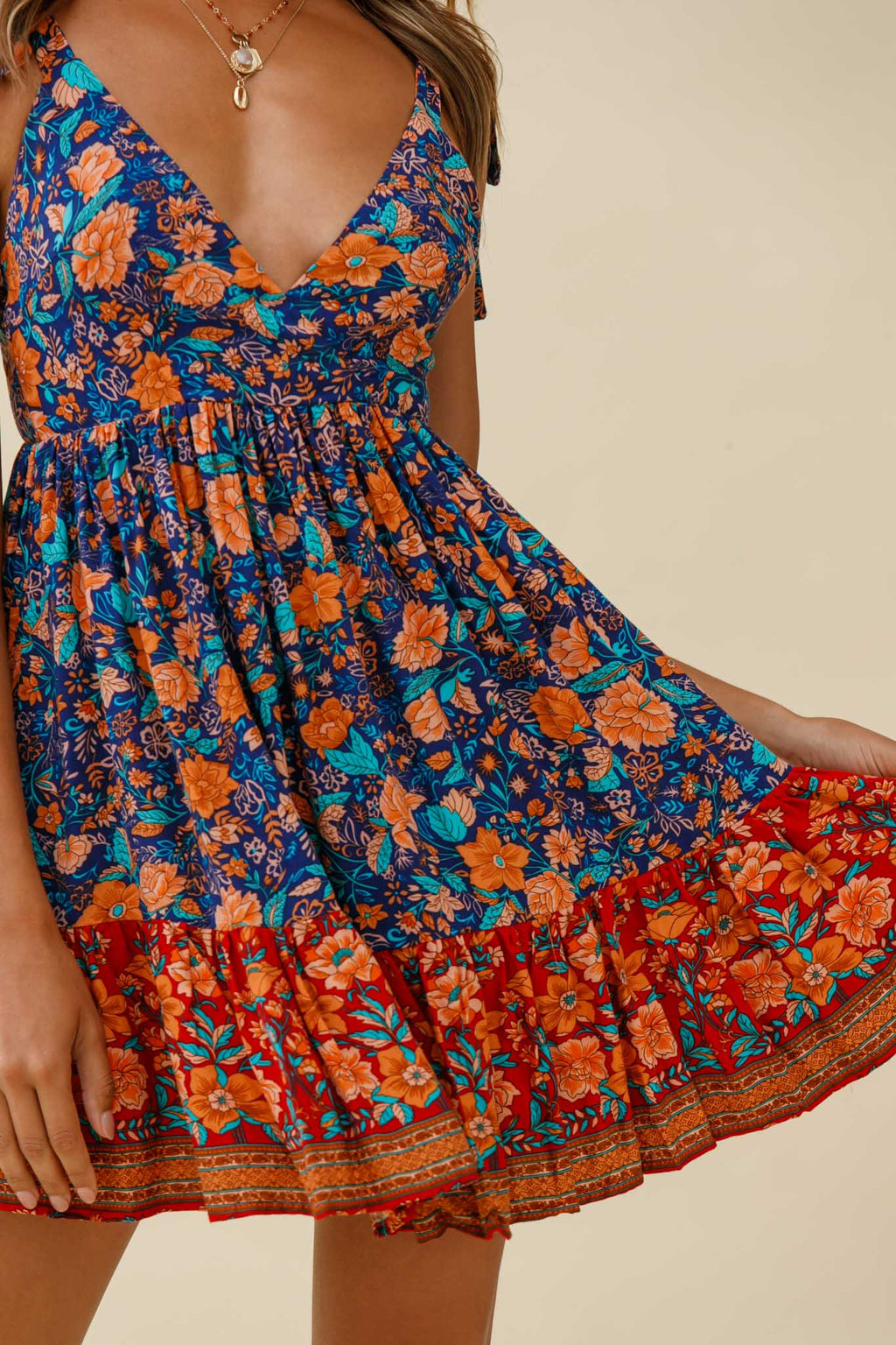 Go Get It Tied Shoulder Sun Dress Floral Print Navy by Selfie Leslie