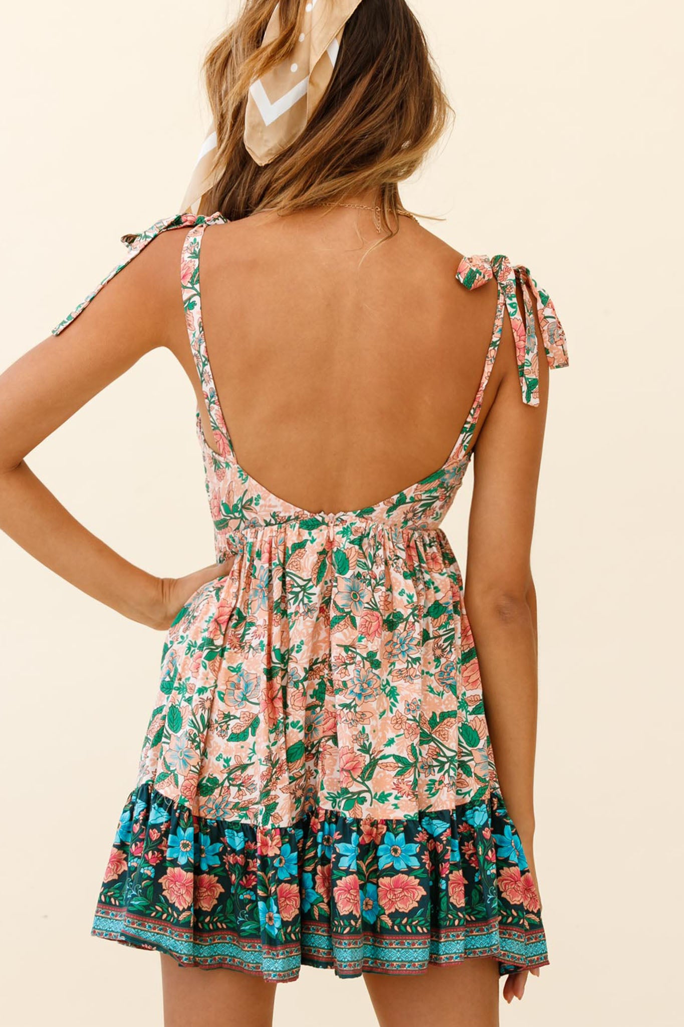 Go Get It Tied Shoulder Sun Dress Floral Print Nude by Selfie Leslie