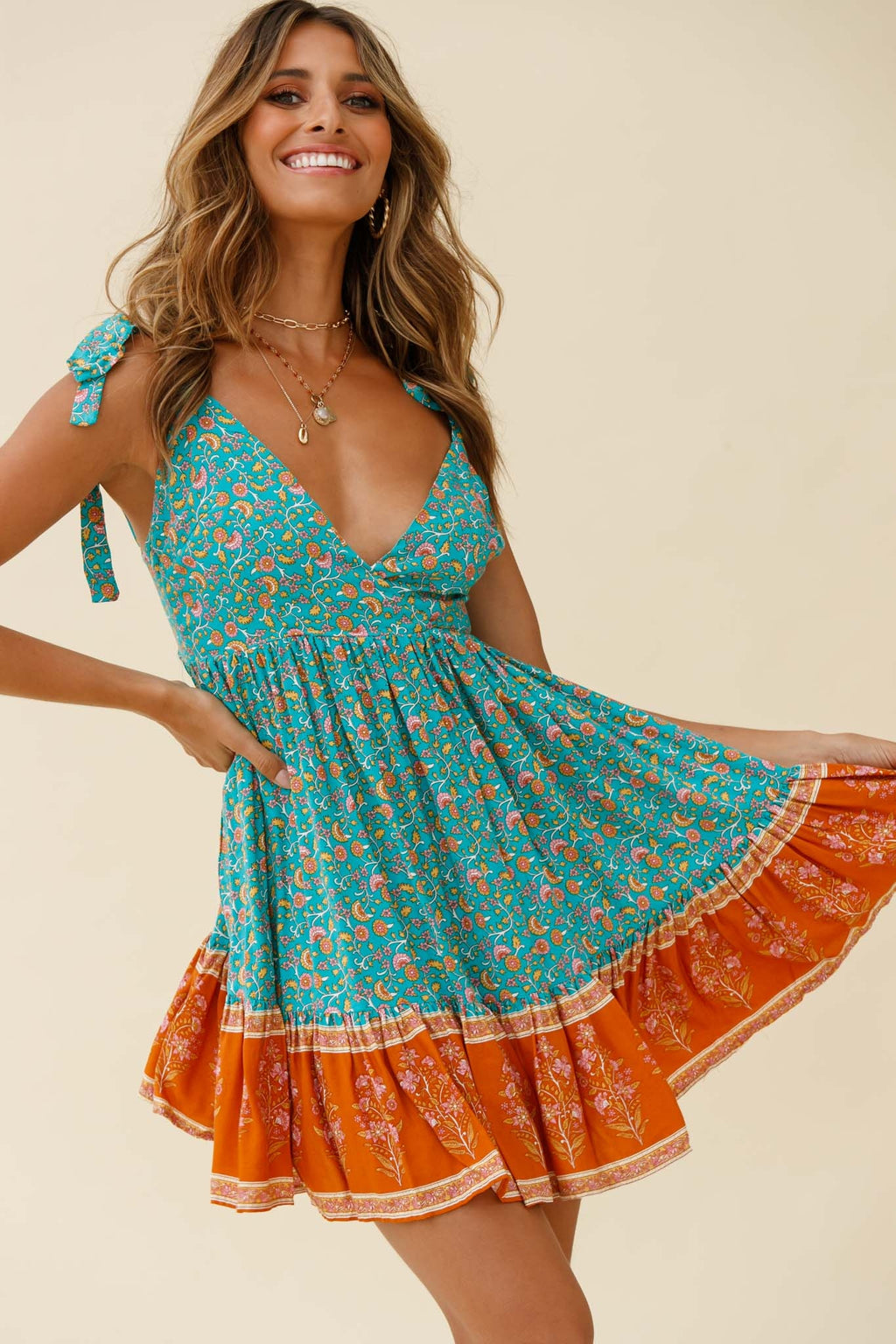 Maven Tied Shoulder Low Back Dress Flower Print Jade by Selfie Leslie