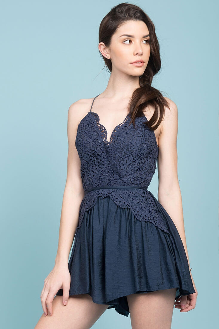 Henley Lace Top Romper Navy by Selfie Leslie
