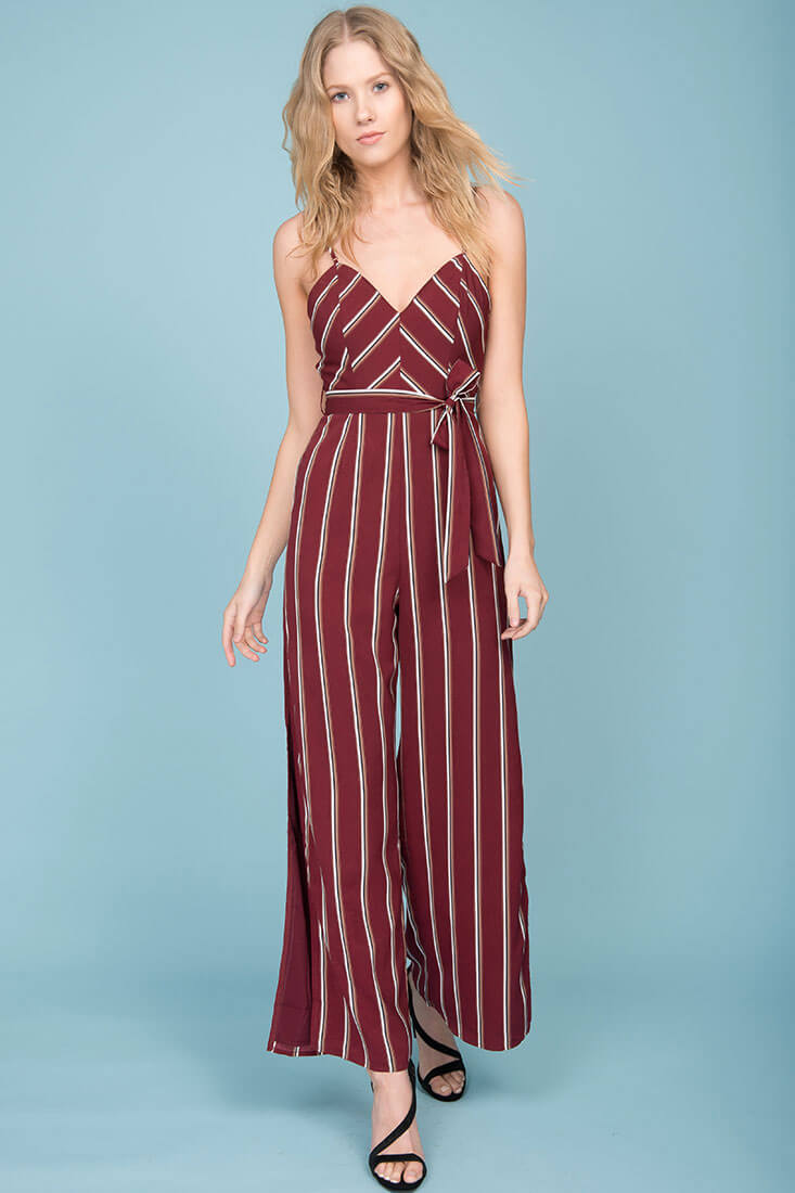 Kallie Striped Jumpsuit Wine by Selfie Leslie