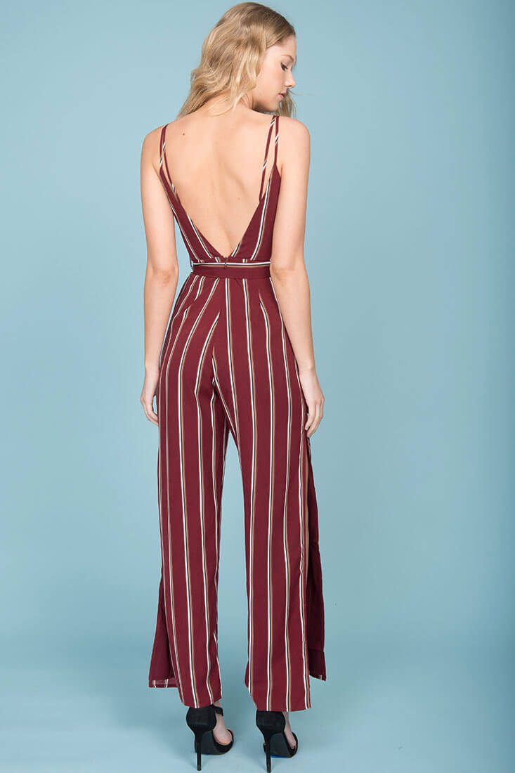 Kallie Striped Jumpsuit Wine by Selfie Leslie