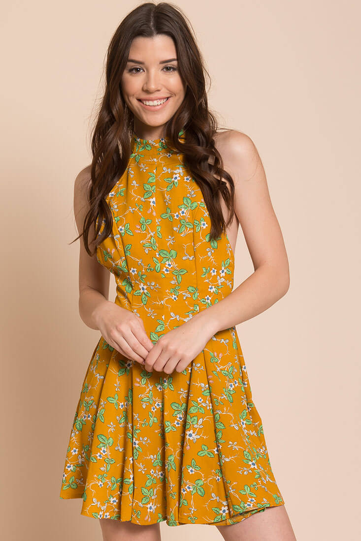 Janessa Floral Print Dress Mustard by Selfie Leslie