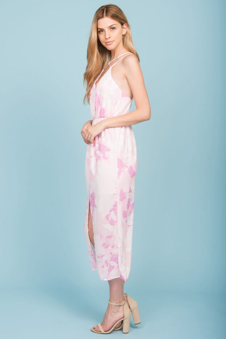 Emilia Open Back Floral Print Midi Dress Pink by Selfie Leslie