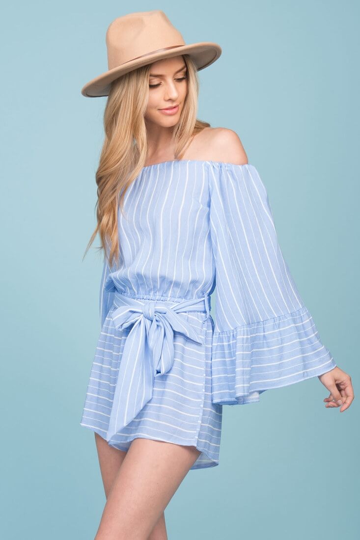 Brisk Bell Sleeve Romper Blue & White | Sophisticated | Selfie Leslie by Selfie Leslie
