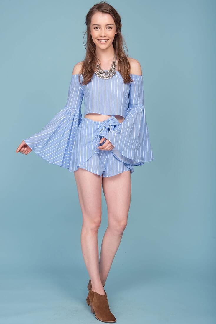 Blaine Bell Sleeve Off The Shoulder Pinstripe Top Blue by Selfie Leslie