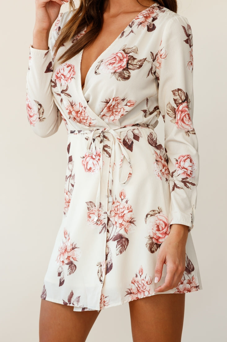 Aryanna Floral Darling Wrap Dress Beige by Selfie Leslie
