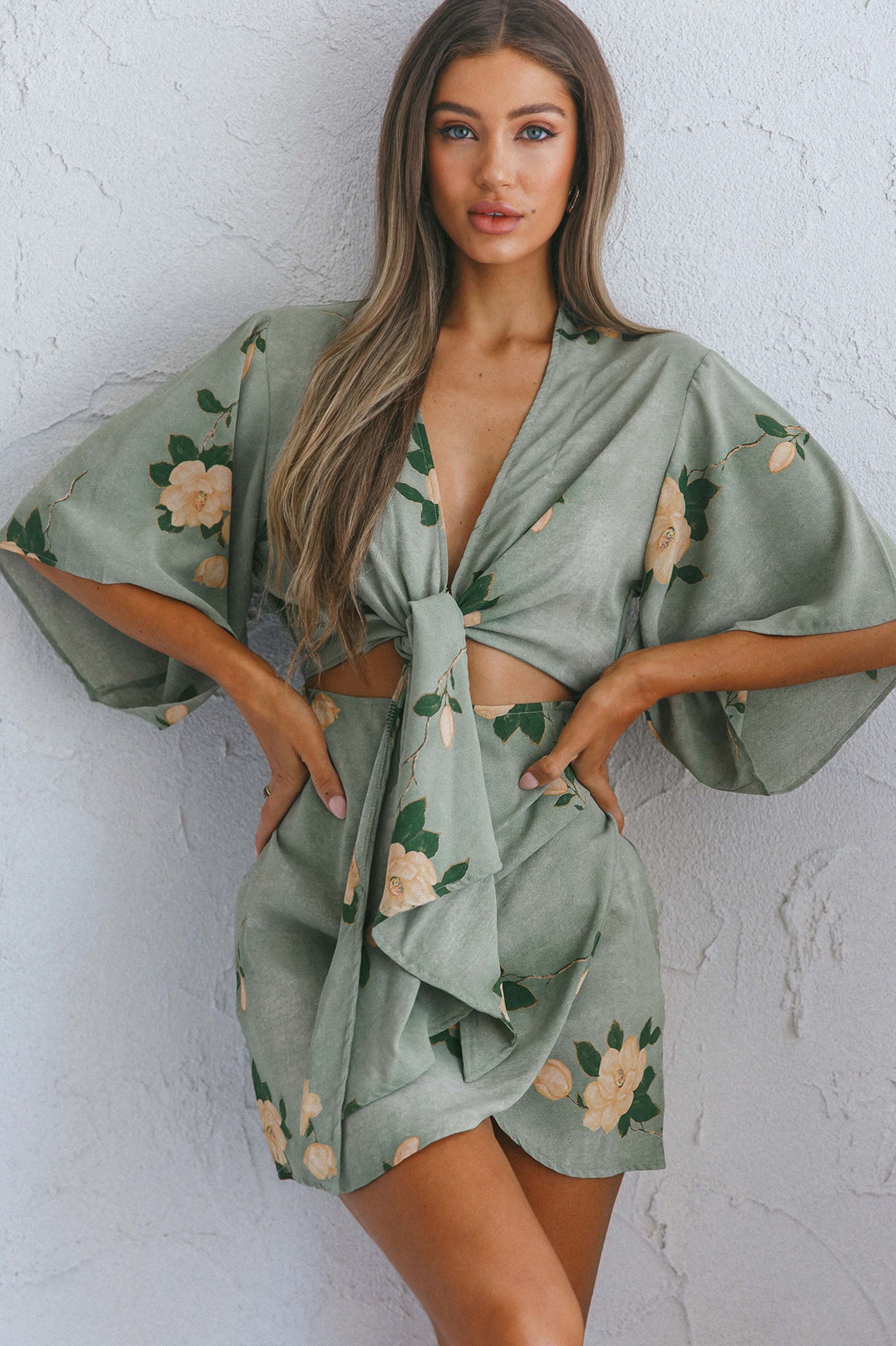 Rivera Deep-V Waist-Tie Top Rose Floral Print Sage by Selfie Leslie