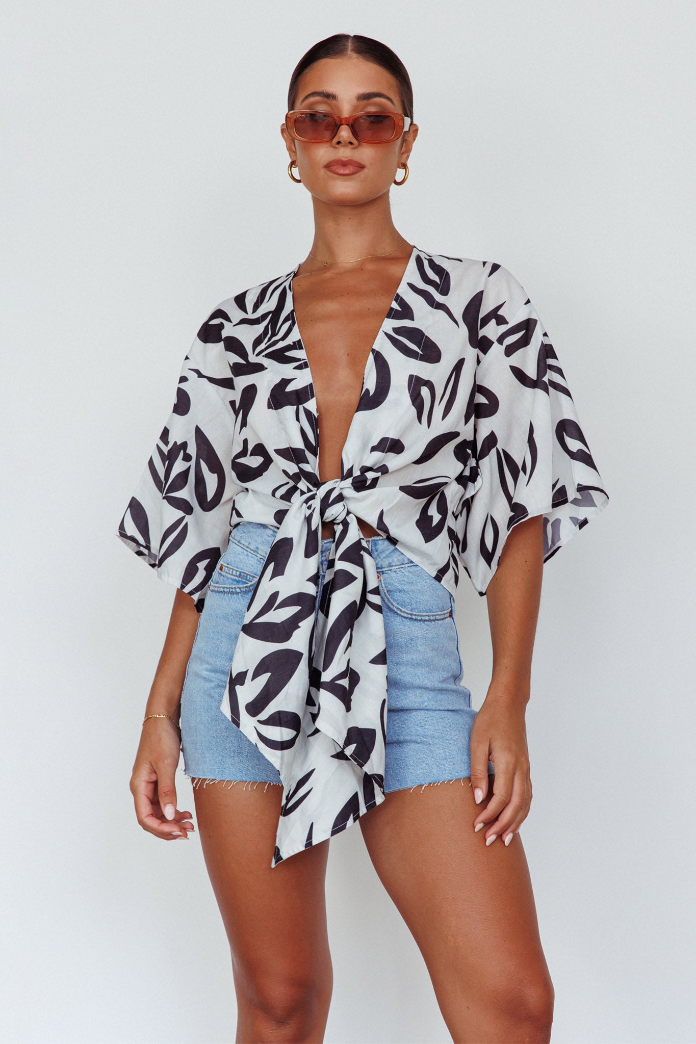 Rivera Deep-V Waist-Tie Top Leaves Black by Selfie Leslie