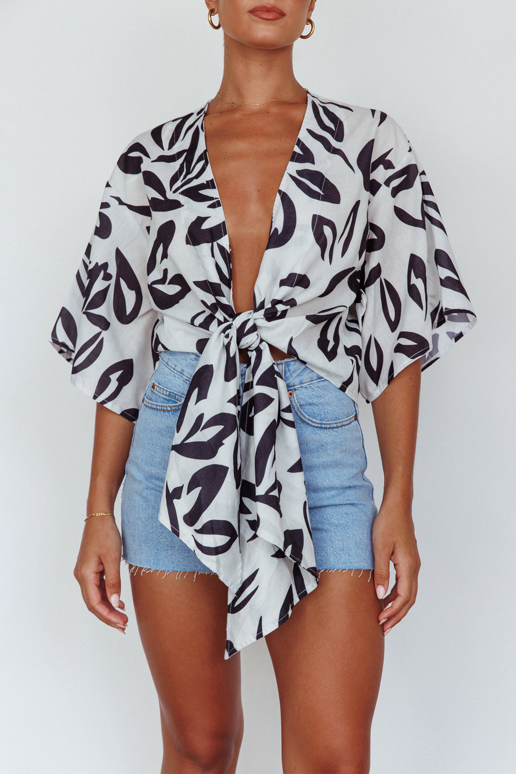 Rivera Deep-V Waist-Tie Top Leaves Black by Selfie Leslie