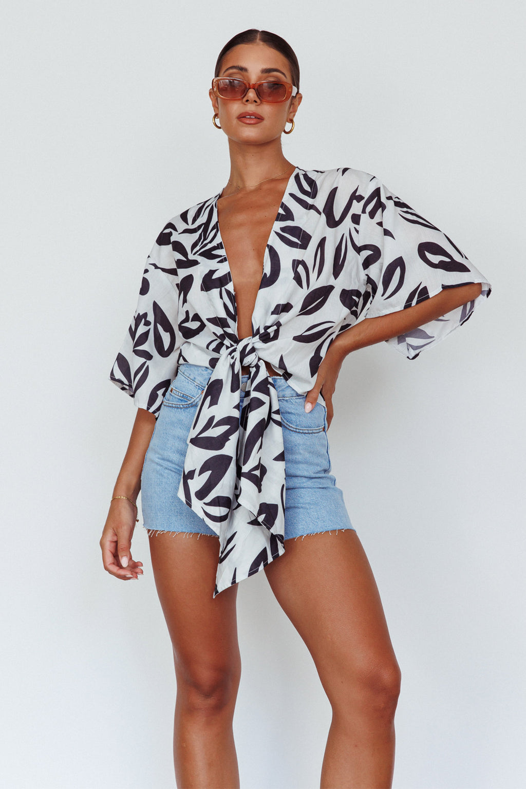 Rivera Deep-V Waist-Tie Top Leaves Black by Selfie Leslie