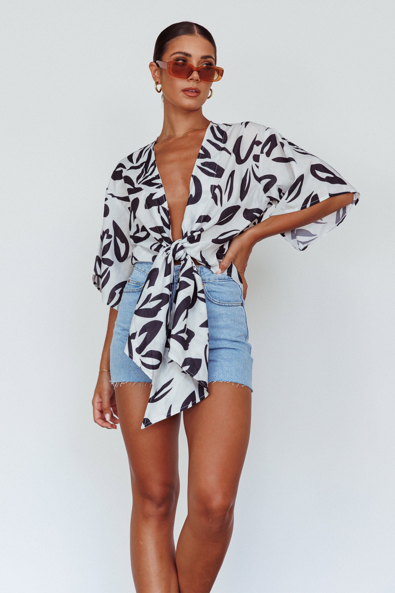 Rivera Deep-V Waist-Tie Top Leaves Black by Selfie Leslie