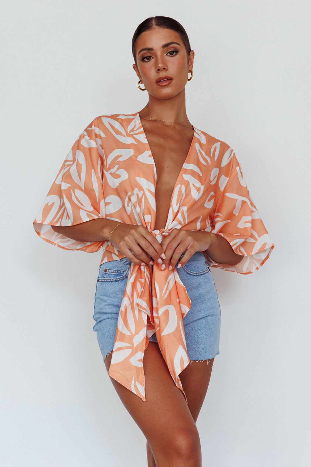 Rivera Deep-V Waist-Tie Top Leaves Mango by Selfie Leslie
