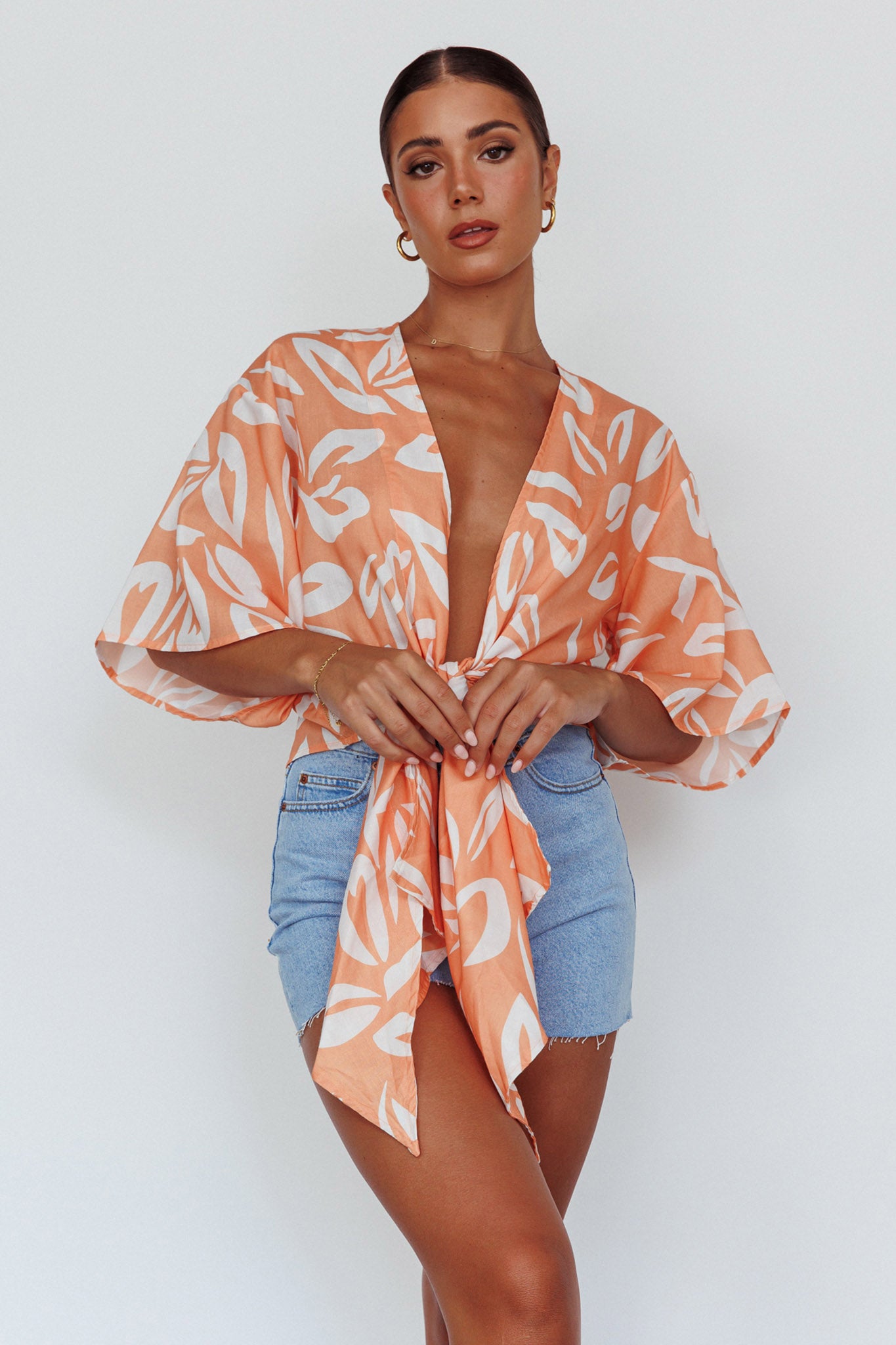 Rivera Deep-V Waist-Tie Top Leaves Mango by Selfie Leslie