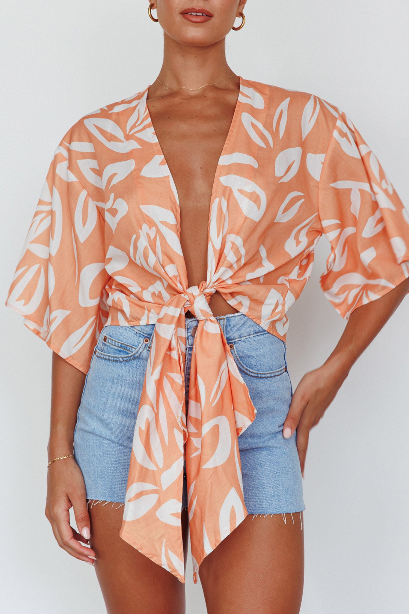 Rivera Deep-V Waist-Tie Top Leaves Mango by Selfie Leslie